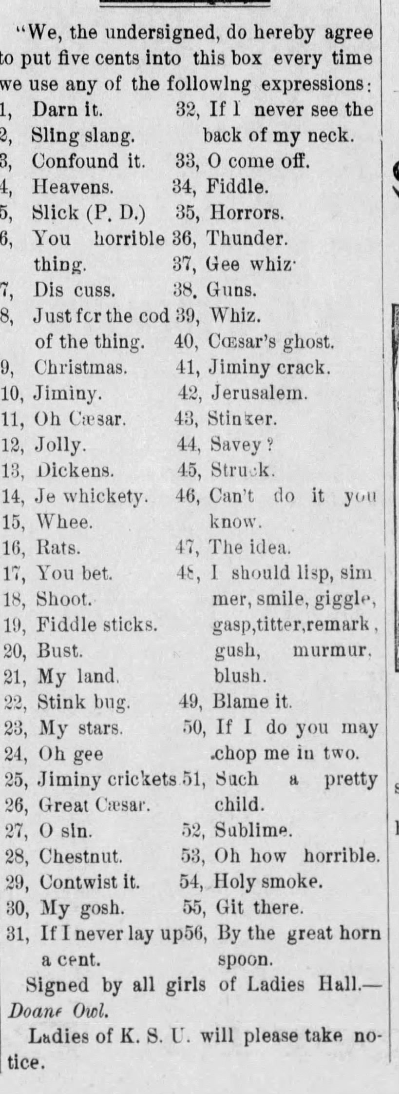 Swear words used by ladies at KSU, 1889.