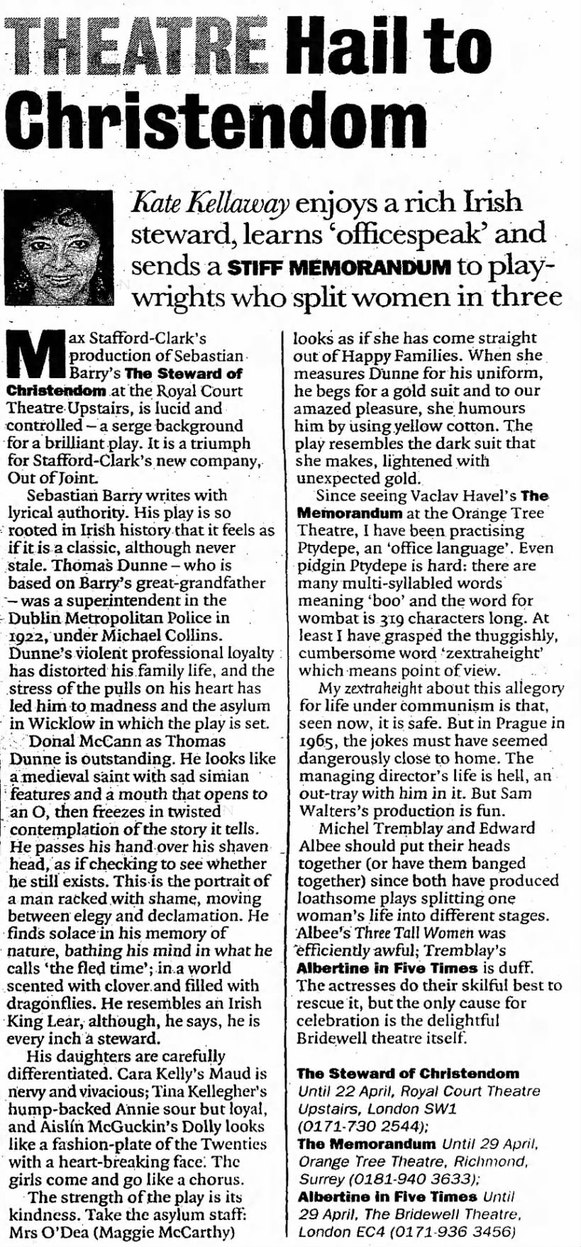 Kate Kellaway's review, Observer, 9 April 1995