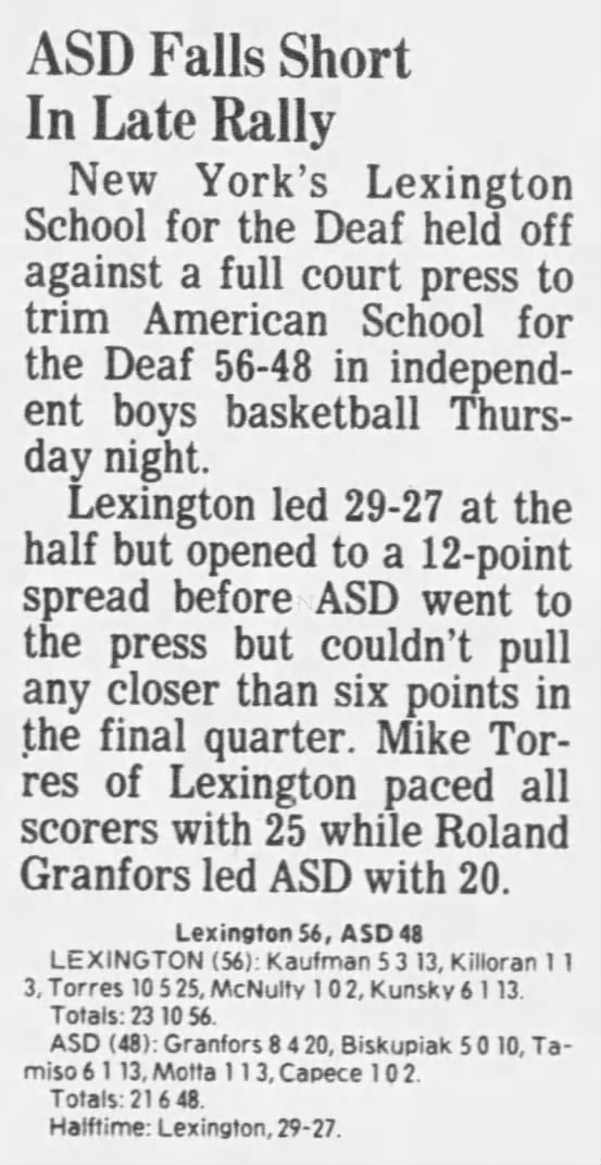 Basketball ASD lost 56-48 Lexington School for the Deaf (NY)  Jan. 12, 1979 Article B