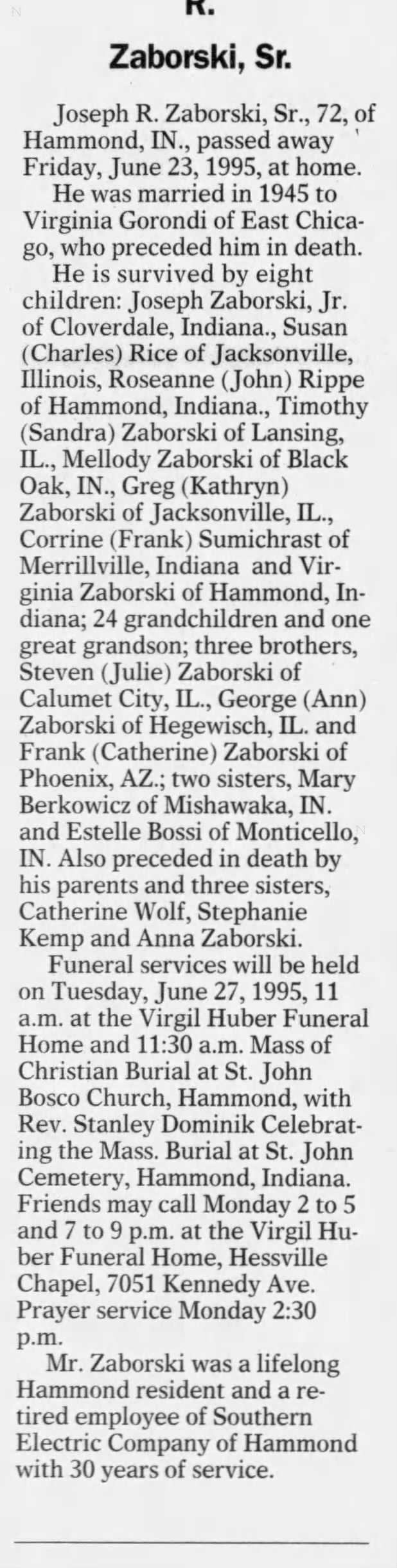 Obituary for Joseph R. Zaborski (Aged 72)
