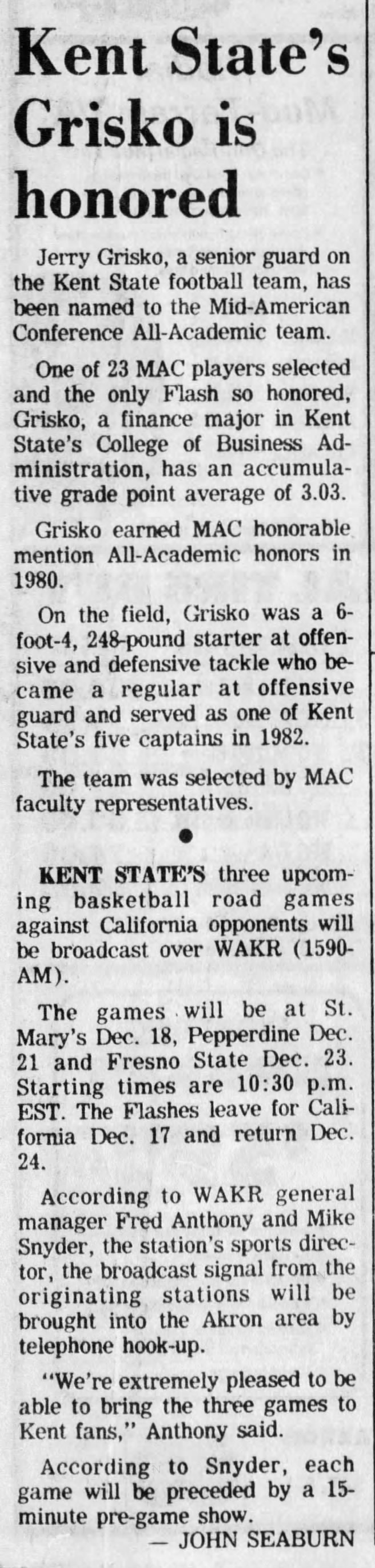 Kent State's Grisko is honored