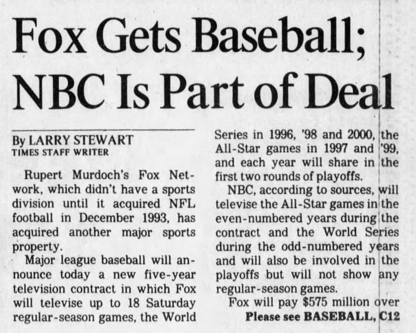 Fox Gets Baseball; NBC Is Part of Deal