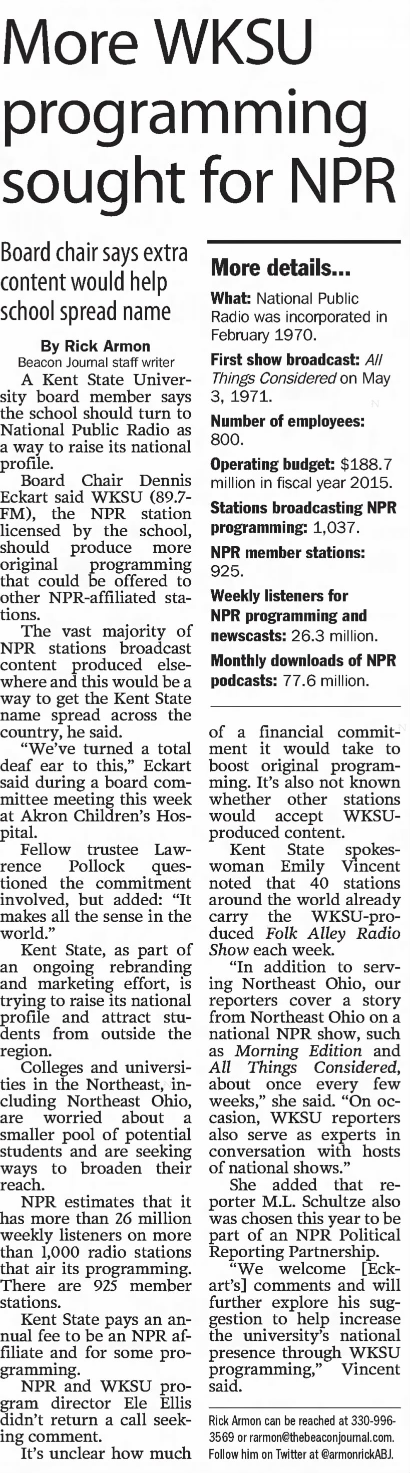 More WKSU programming sought for NPR