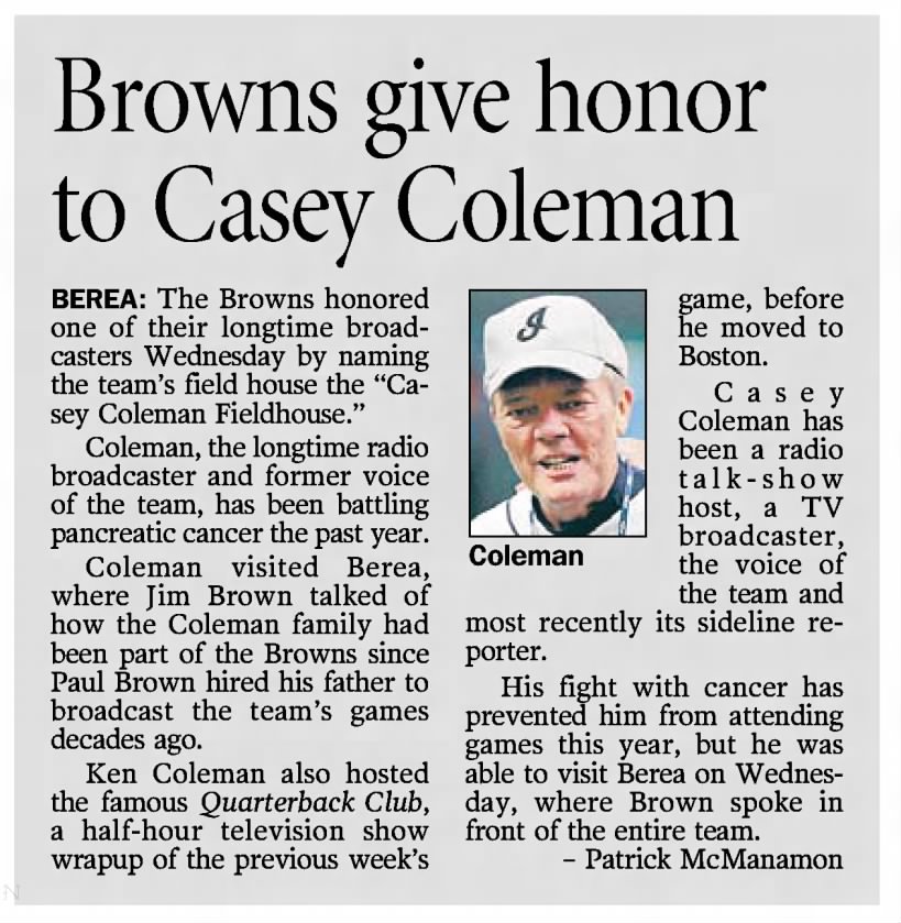 Browns give honor to Casey Coleman