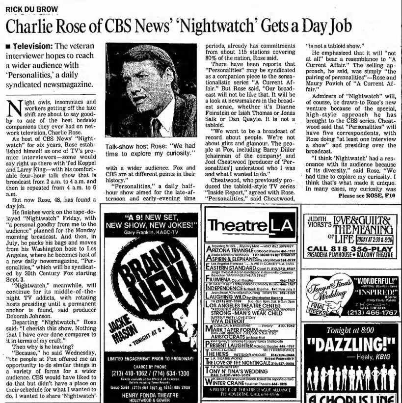 Charlie Rose of CBS News' 'Nightwatch' Gets a Day Job