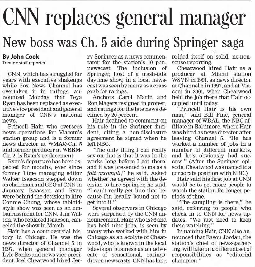 CNN replaces general manager: New boss was Ch. 5 aide during Springer saga