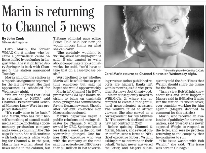 Marin is returning to Channel 5 news