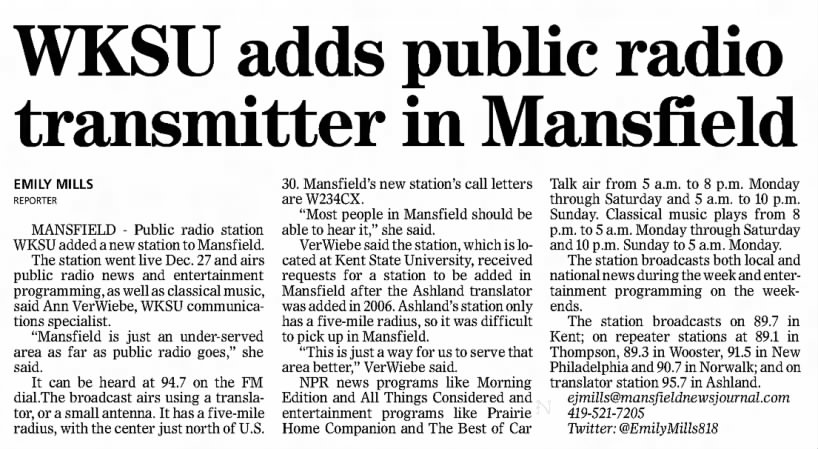 WKSU adds public radio transmitter in Mansfield