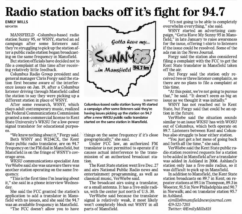 Radio station backs off it's fight for 94.7
