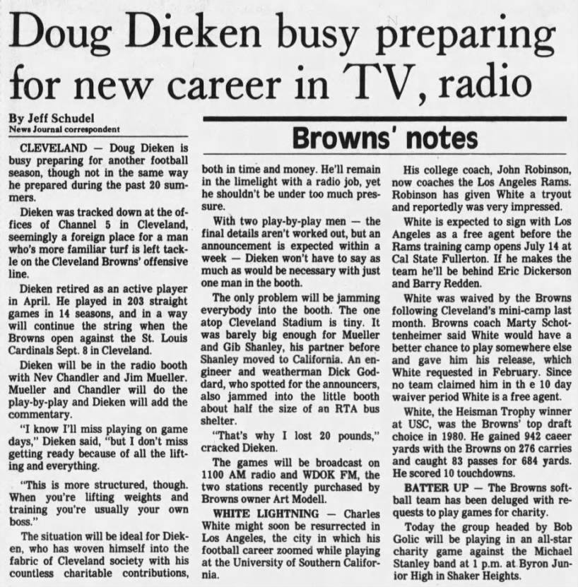 Doug Dieken busy preparing for new career in TV, radio