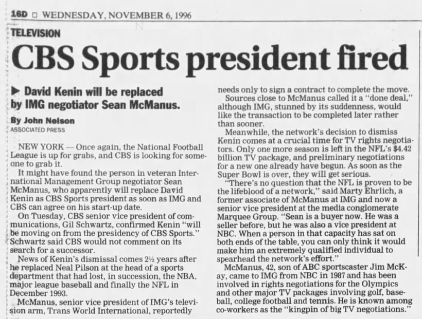 CBS Sports president fired: David Kenin will be replaced by IMG negotiator Sean McManus.