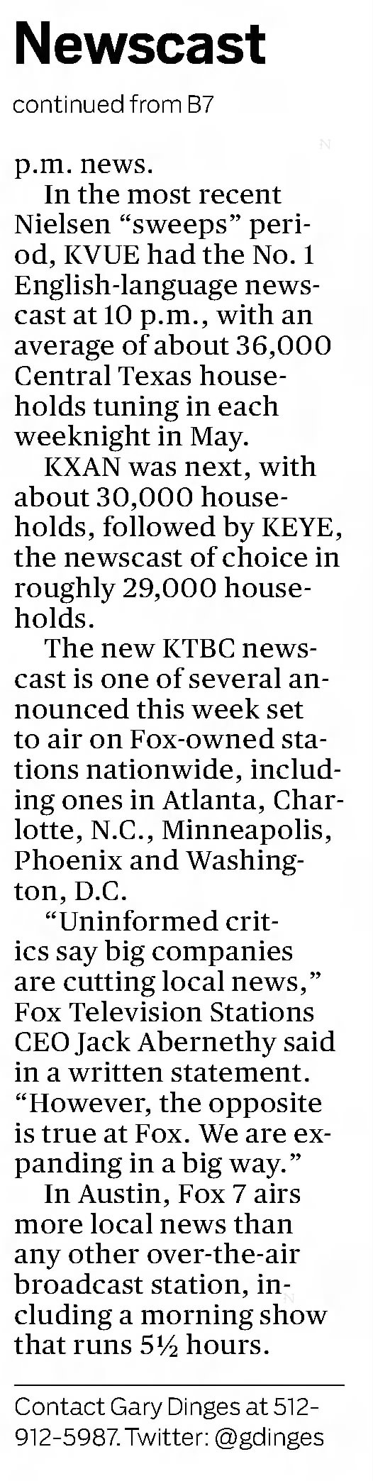 Fox 7 to debut 10 p.m. newscast, p2