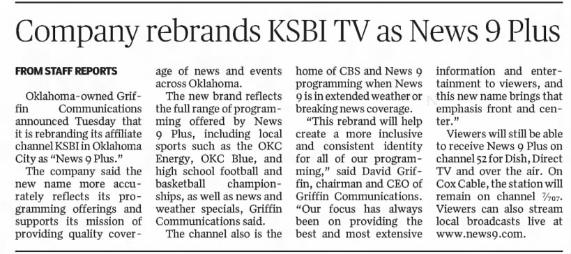 Company rebrands KSBI TV as News 9 Plus