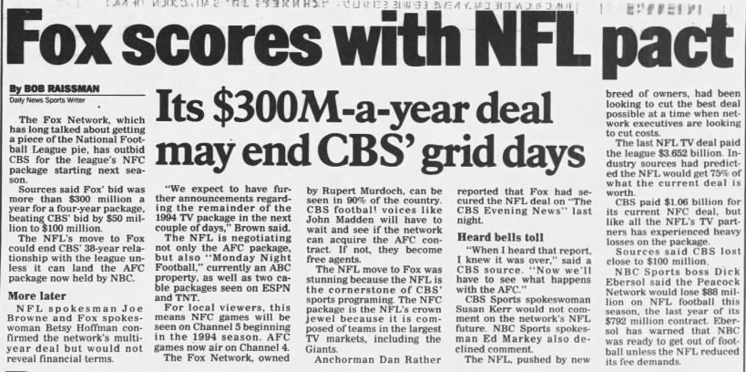 Fox scores with NFL pact: Its $300M-a-year deal may end CBS' grid days