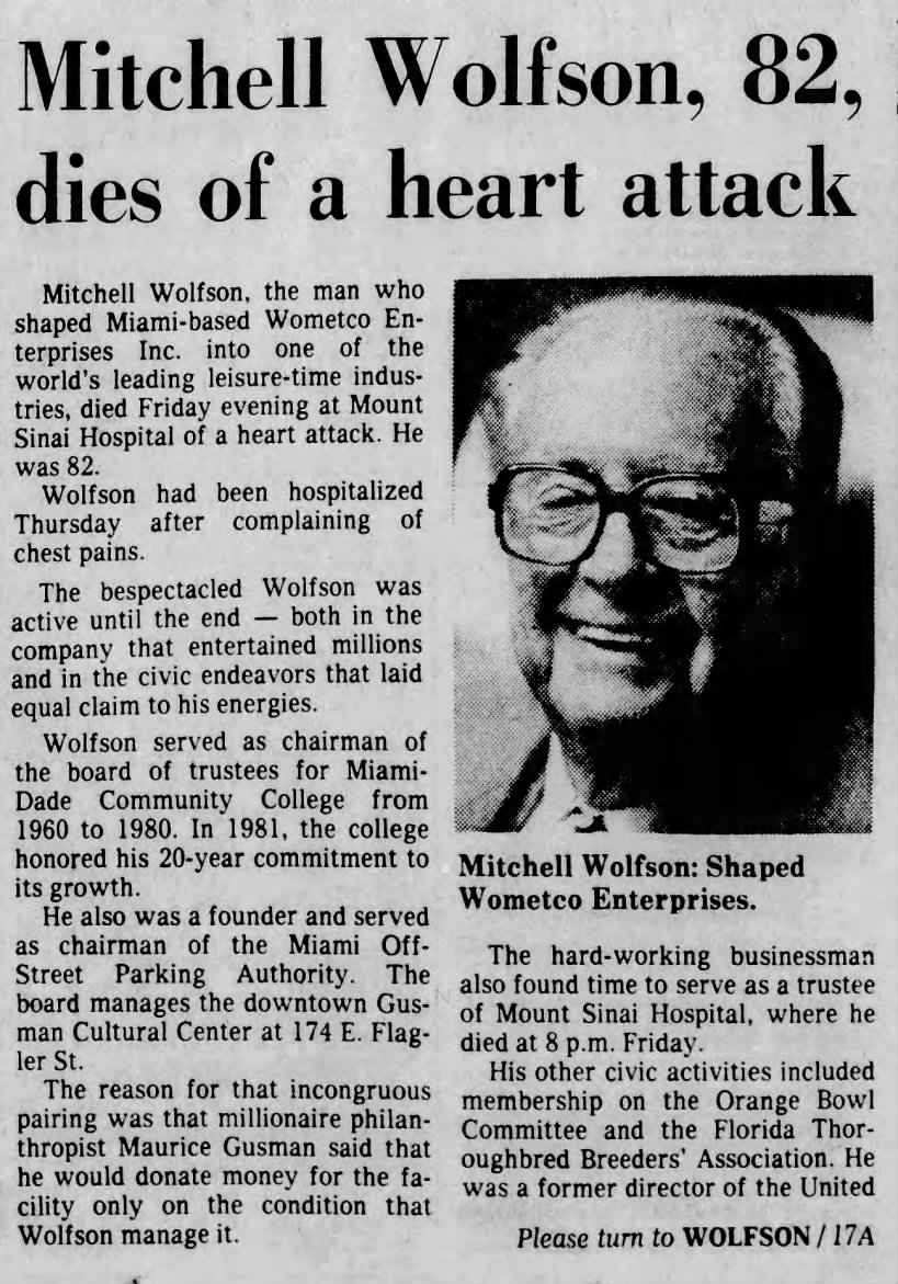 Mitchell Wolfson, 82, dies of a heart attack