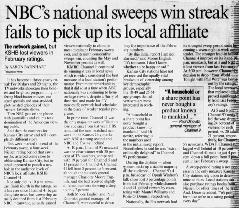 NBC's national sweeps win streak fails to pick up its local affiliate