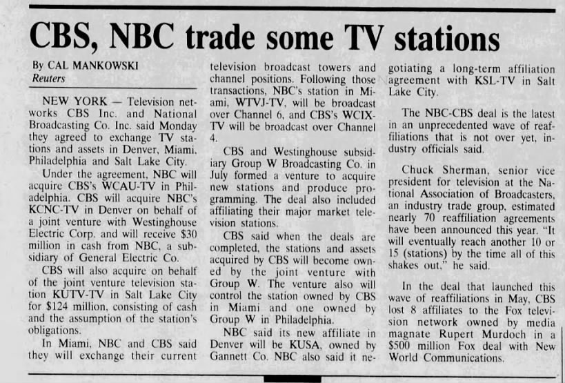CBS, NBC trade some TV stations