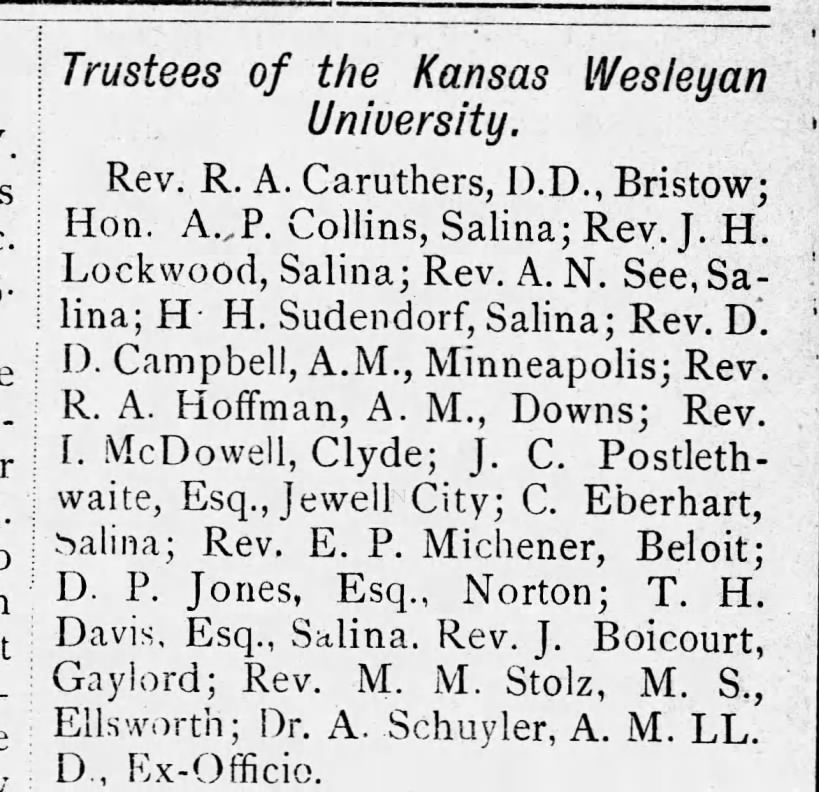 Rev. R A Caruthers on the Board of Trustees of Kansas Wesleyan University.