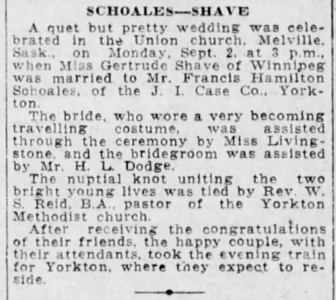 Wedding announcement - Gertrude Shave and Francis Hamilton Schoales