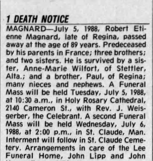 Obituary for Robert Etienne MAGNARD