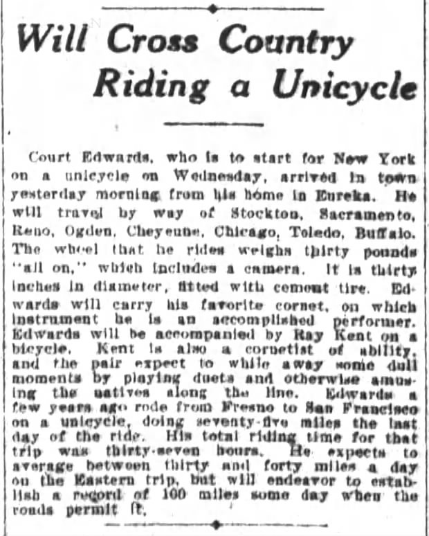 Edwards, unicycle, SF Chronicle, June 2, 1909. p. 8