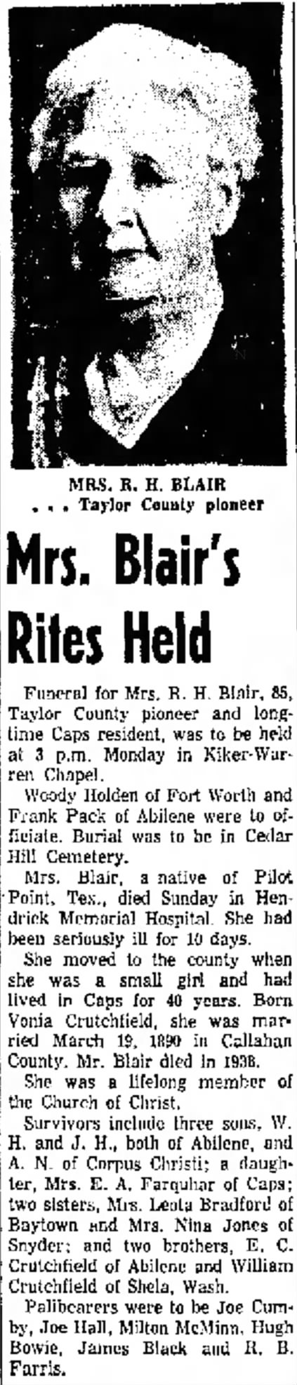 Mrs. R H Blair Dies
23 January 1956