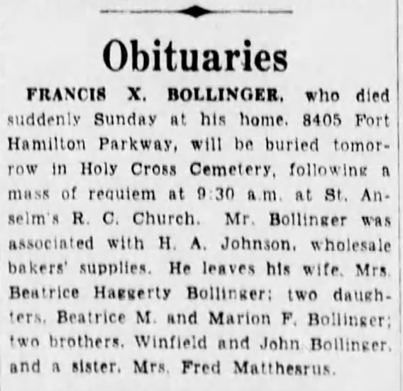 Francis X Bollinger death, 1935