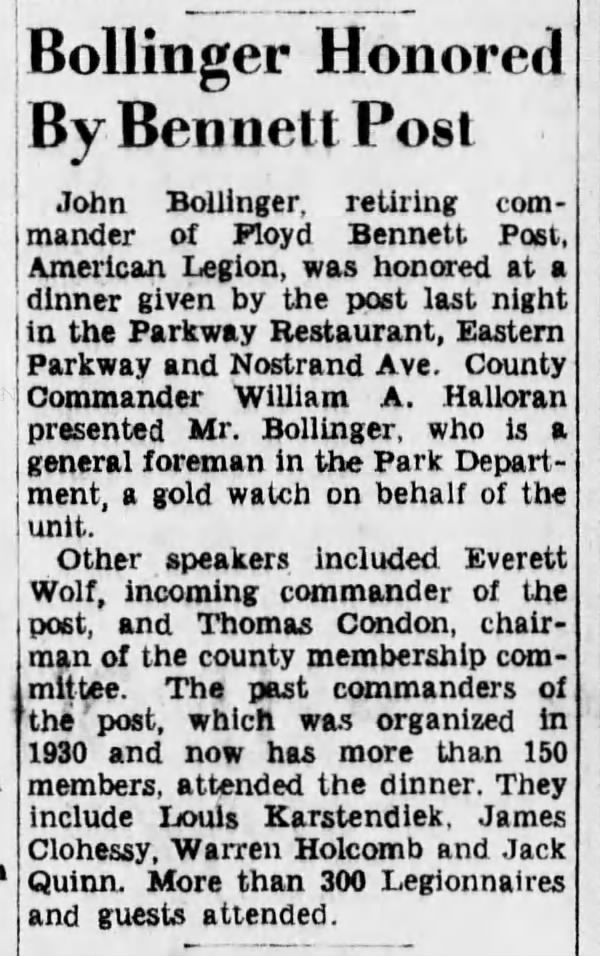 John Bollinger, honored 1939