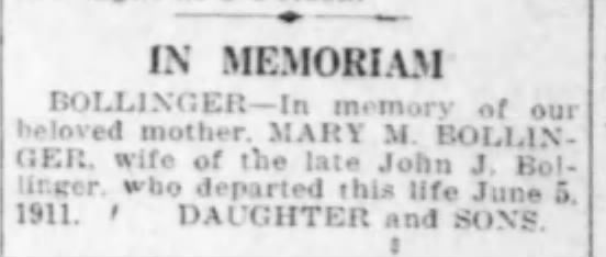 In Memoriam from children of Mary & John J, 1927