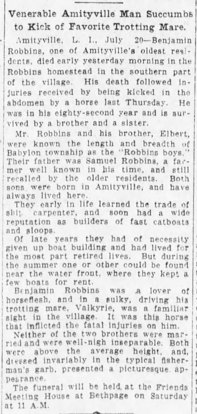 Brooklyn Daily Eagle 20 July 1911 Thur, page 5 - Benjamin Robbins death