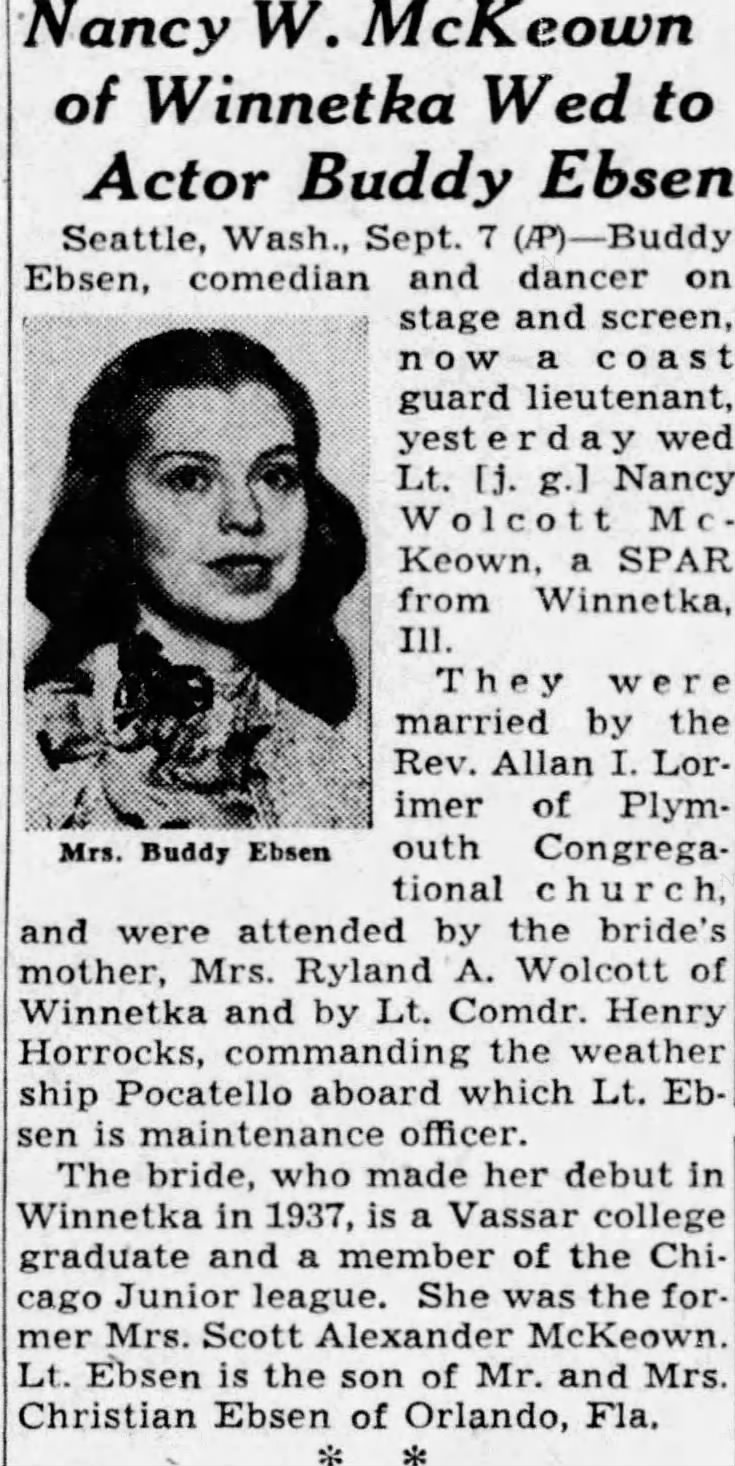 Chicago Tribute Nancy m. Buddy and who was at the wedding. 9.6.1945 p. 11