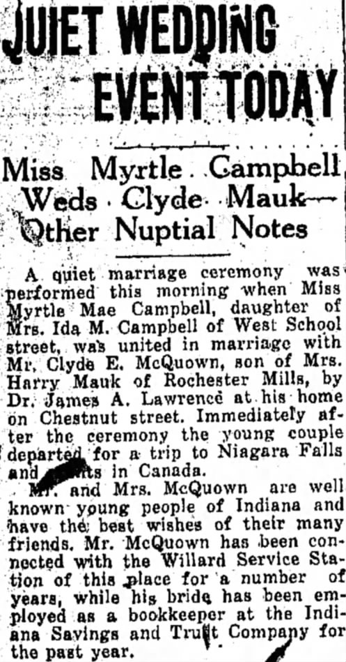 Clyde and Myrtle McQuown marriage announcement