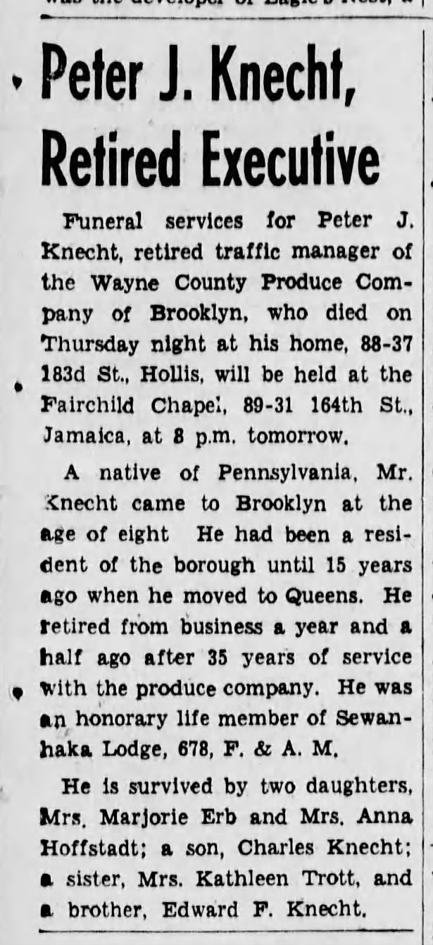 obituary peter j. knecht Brooklyn daily eagle 19 Apr. 1941