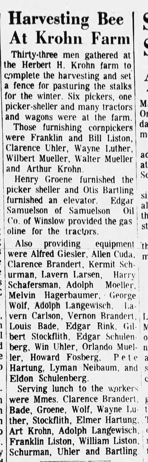 Fremont Tribune 12 Nov 1965
 Herbert Krohn farm harvest help
