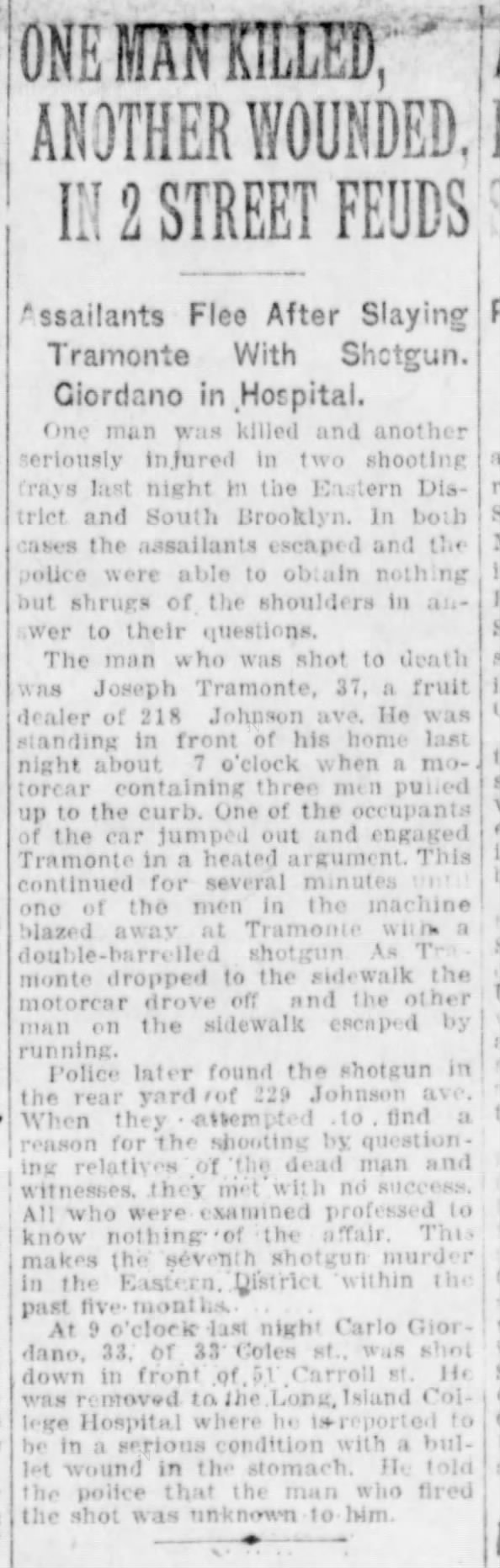 13 Oct 1924 Brooklyn Eagle re: Joseph Tramonte