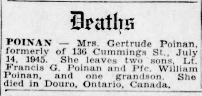 Gertrude Leahy Poinan - obit 1945