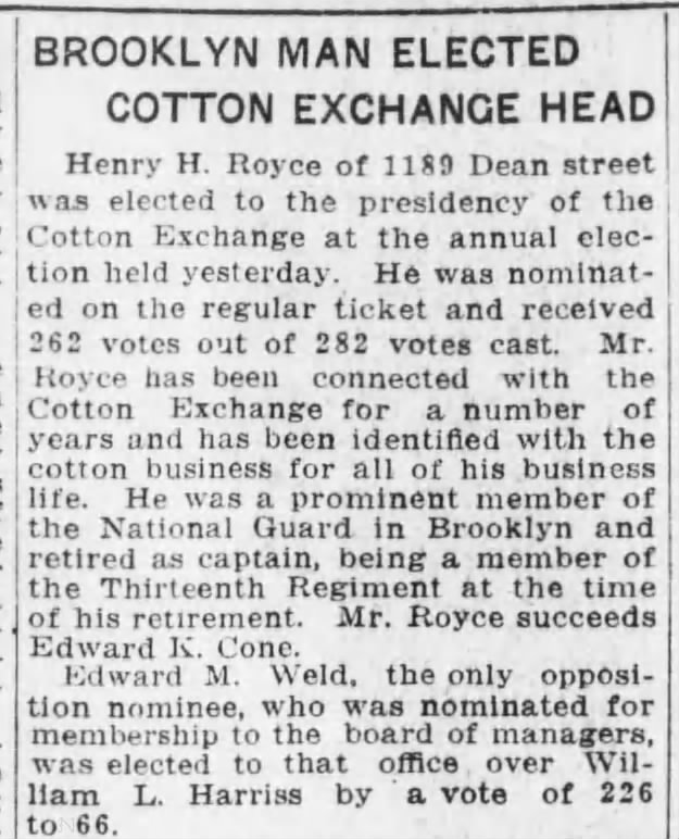 Henry H. Royce head of Cotton Exchange 1915