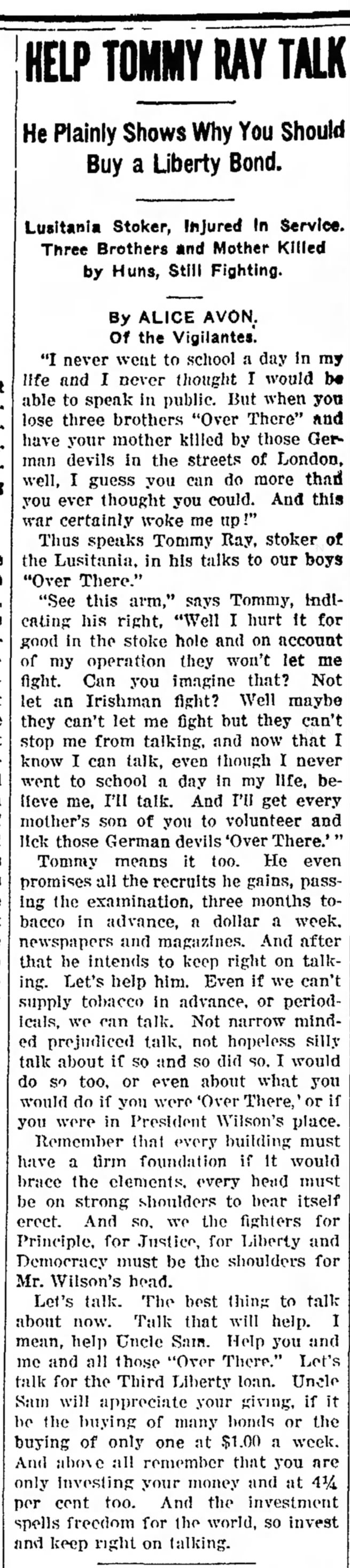 Tommy talks war in Big Piney, Wyoming on May 9, 1918.