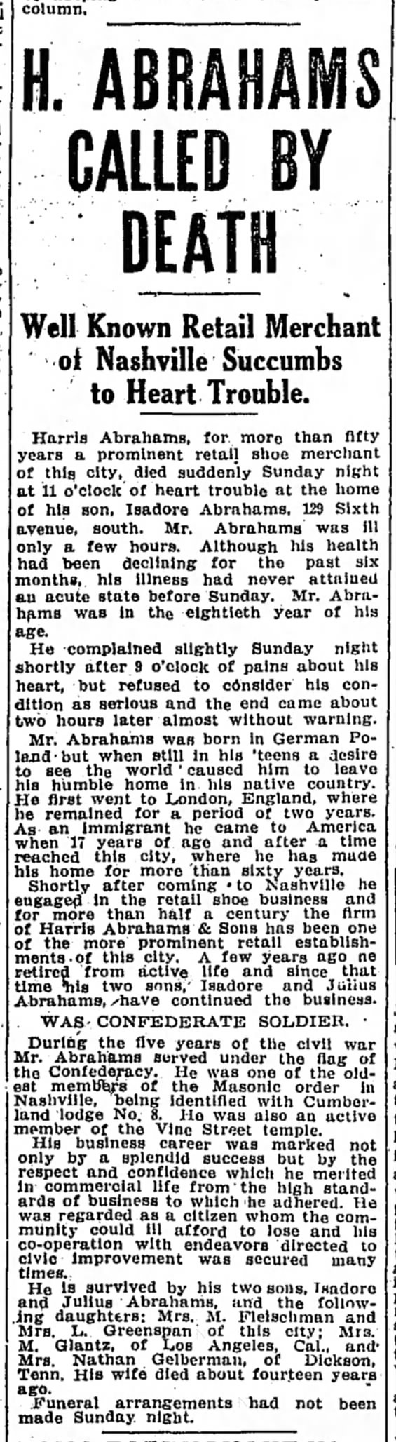 Obituary of Harris Abrahams of Nashville, TN, 1914