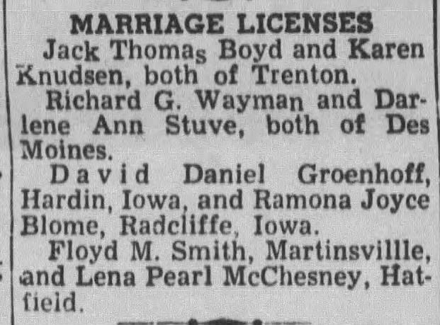 Marriage License, Bethany, Missouri,  August 12, 1959