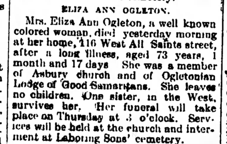 Eliza Ann Ogleton Death and burial Notice - 1910