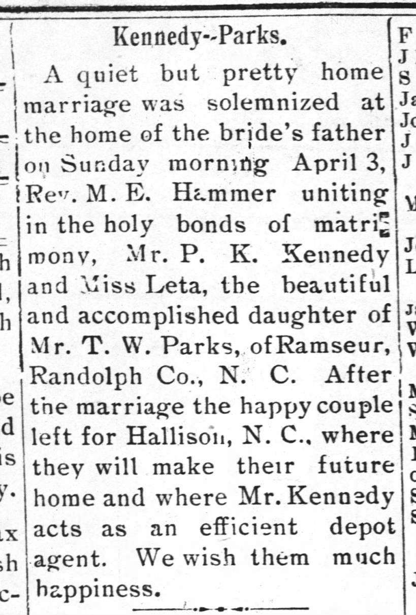 Marriage Annoucement - The Carthage Blade (Carthage, North Carolina) 14 Apr 1904, Thu Page 2
