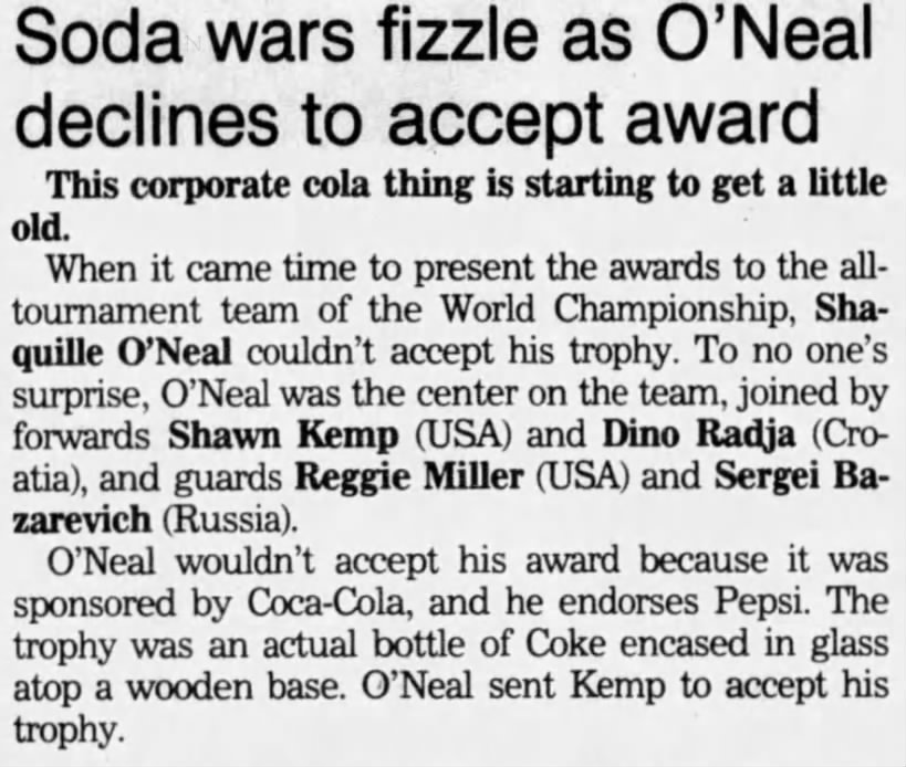 Soda wars fizzle as O'Neal declines to accept award