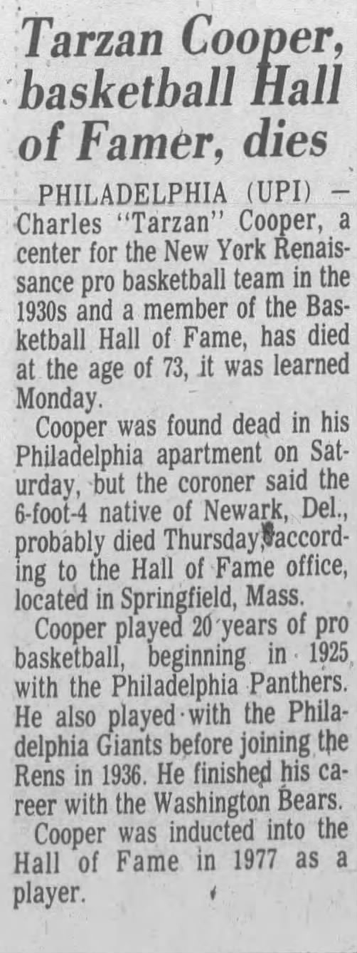 Tarzan Cooper, basketbal Hall of Famer, dies