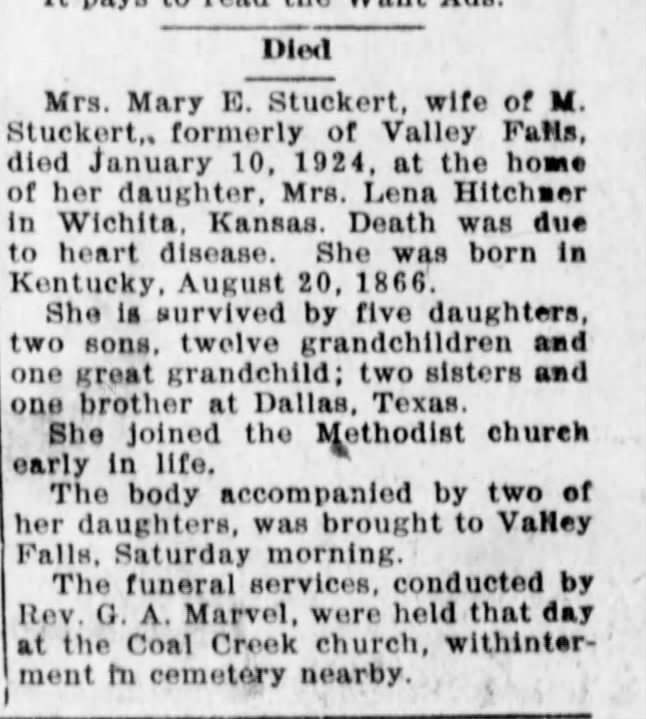 Obituary for Mary E. Stuckert, 1866-1924