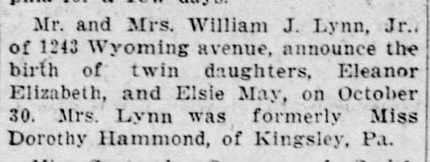 Birth of Elsie and Eleanor Lynn