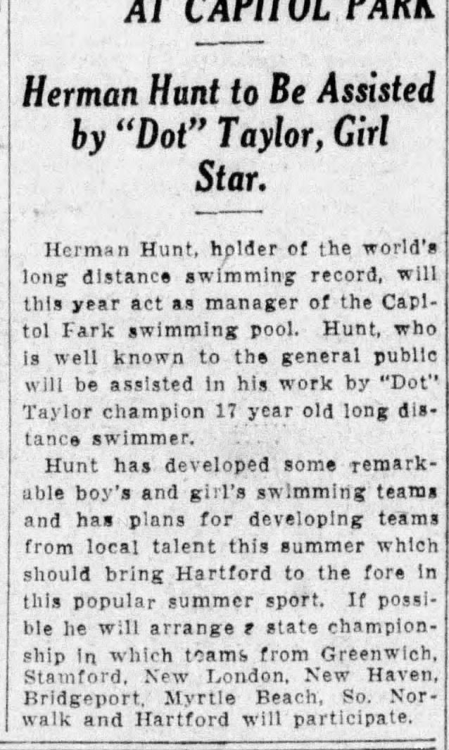 Champ Swimmer at Capitol Park - Herman Hunt to Be Assisted by "Dot" Taylor, Girl Star.