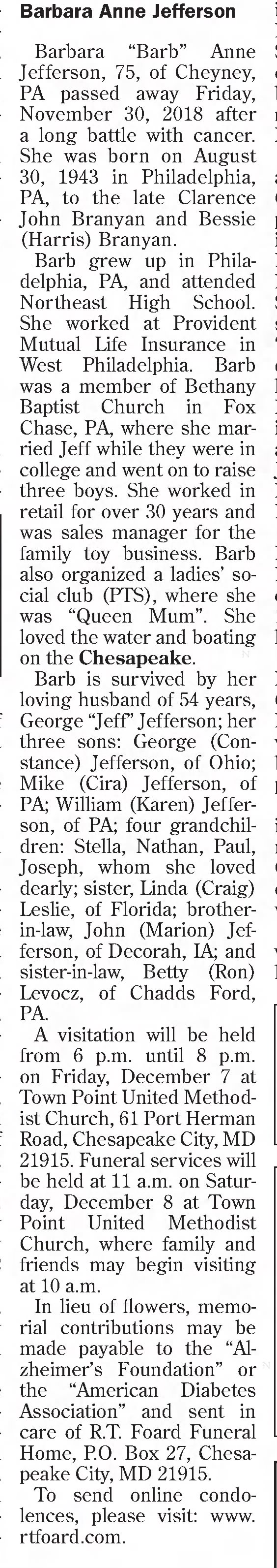 Obituary of Barbara Jefferson