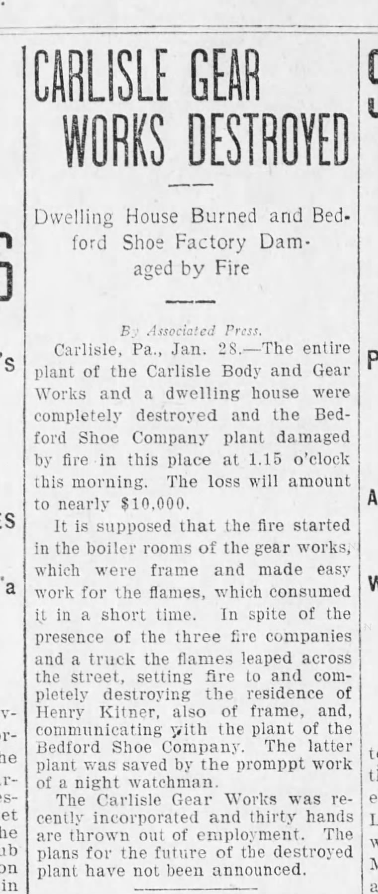 Carlisle Gear destroyed by fire 1905