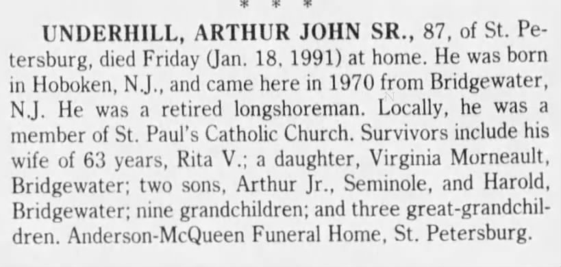 Obituary for ARTHUR JOHN SR. UNDERHILL